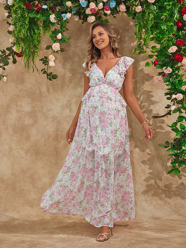 Mumsmode Zwangerschaps Bloemenjurk Elegant Vakantie Bloemenprint Ruches Gedrapeerd Rugloos Maxi Fotoshoot Jurk