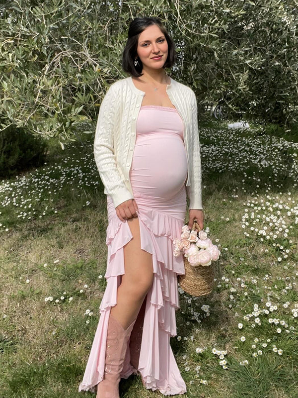 Mumsmode Zwangerschaps Bodyconjurk Elegant Cocktail Ruches Froufrou Zijsplit Bandeau Maxijurk