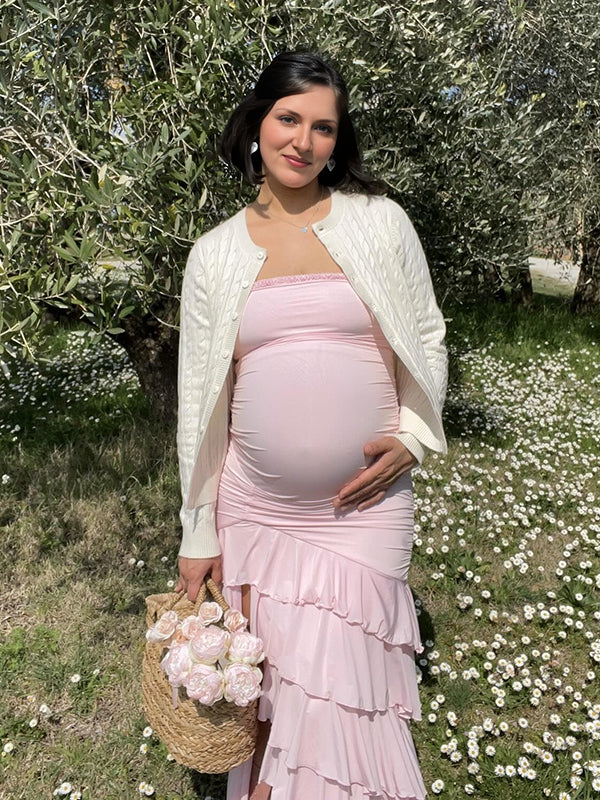 Mumsmode Zwangerschaps Bodyconjurk Elegant Cocktail Ruches Froufrou Zijsplit Bandeau Maxijurk