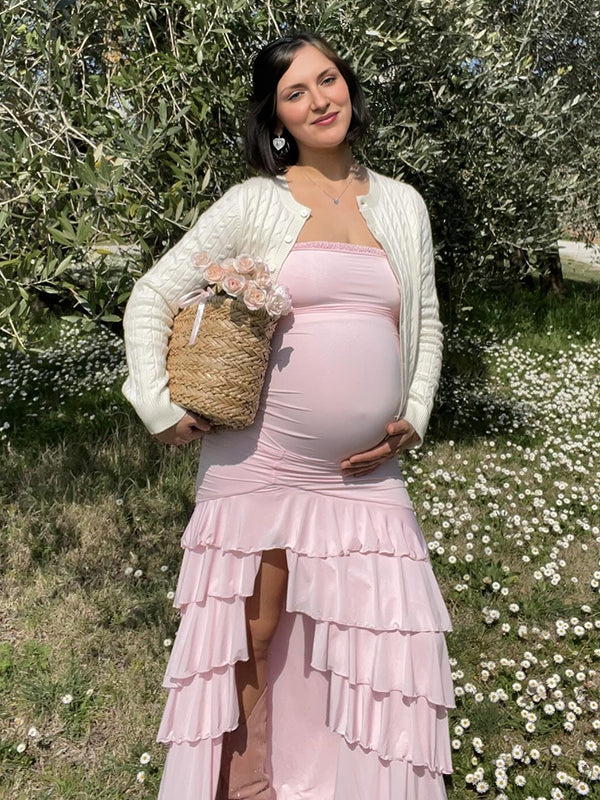 Mumsmode Zwangerschaps Bodyconjurk Elegant Cocktail Ruches Froufrou Zijsplit Bandeau Maxijurk