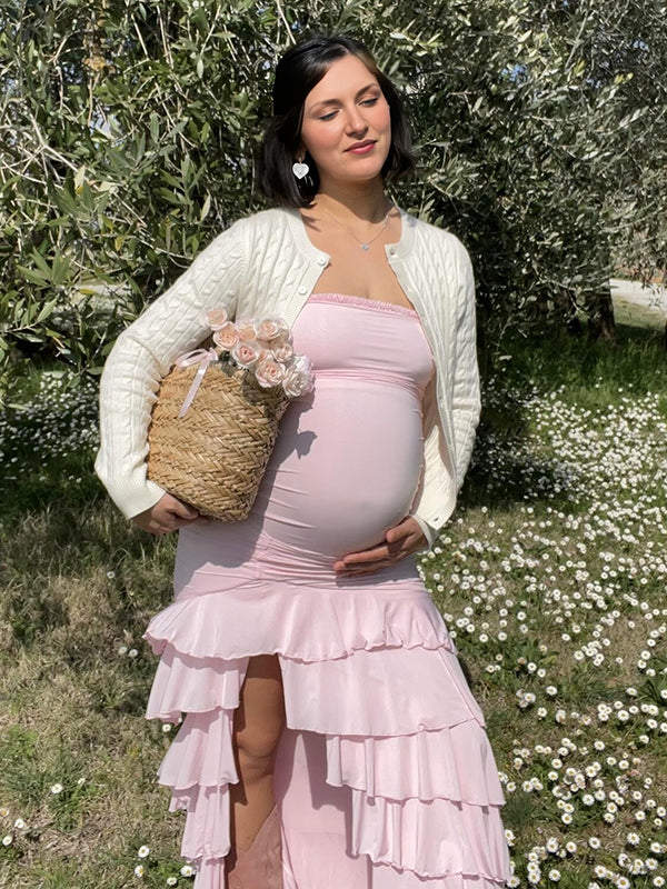 Mumsmode Zwangerschaps Bodyconjurk Elegant Cocktail Ruches Froufrou Zijsplit Bandeau Maxijurk