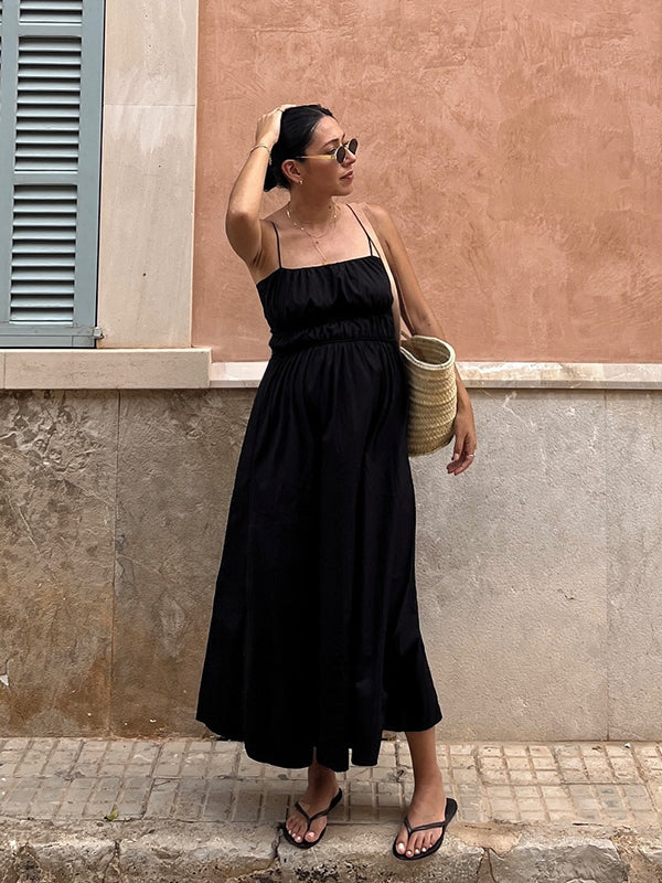 Mumsmode Zwangerschaps Dailyjurk Elegant Vakantie Gekreukt Gedrapeerd Trapeze Spaghetti Maxijurk