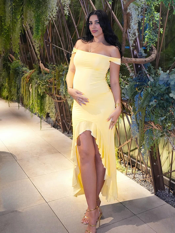 Mumsmode Zwangerchaps Maxi Fotoshoot Jurk Elegant Zijsplit Boot Nek Geel