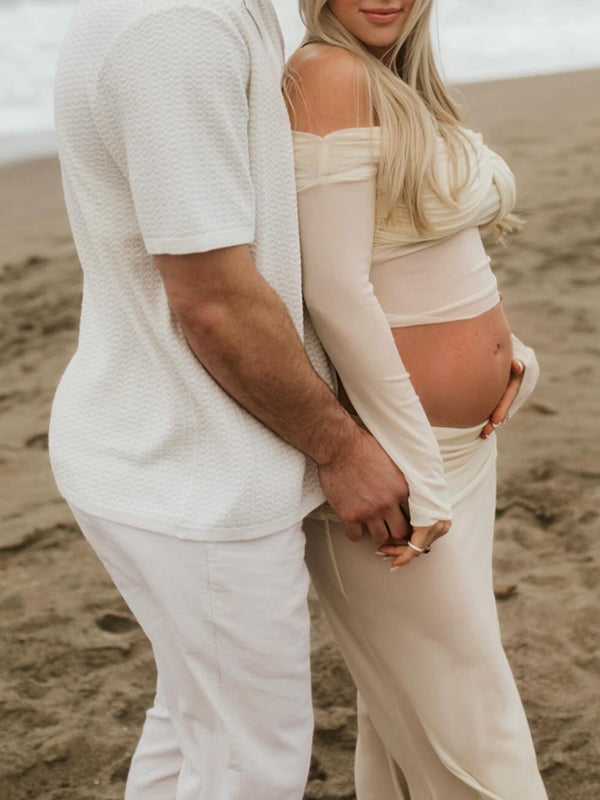 Mumsmode Zwangerschaps Bodyconjurk Elegant Cocktail 2-in-1 Tule Gekreukt Off Shoulder Maxi Fotoshoot Jurk