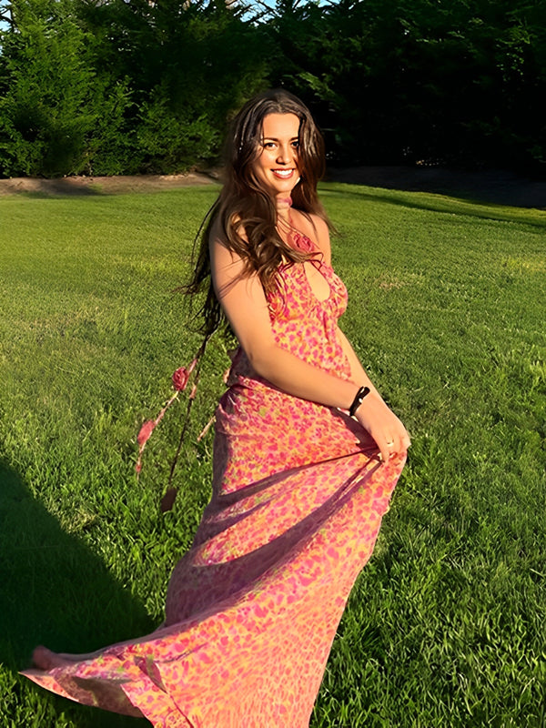 Mumsmode Zwangerchaps Maxi Bloemetjes Jurk Elegant Bloemenprint Rugloos Appliques Halternek Rood