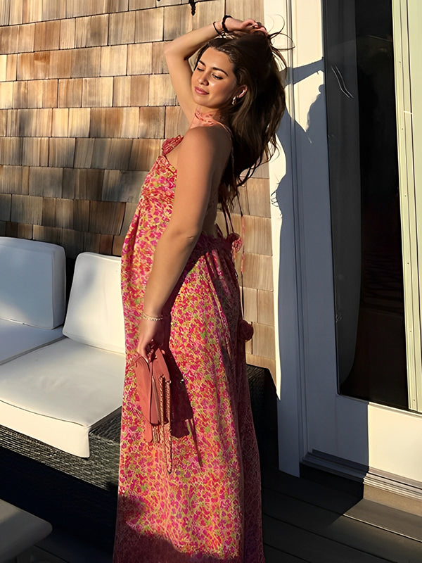 Mumsmode Zwangerchaps Maxi Bloemetjes Jurk Elegant Bloemenprint Rugloos Appliques Halternek Rood