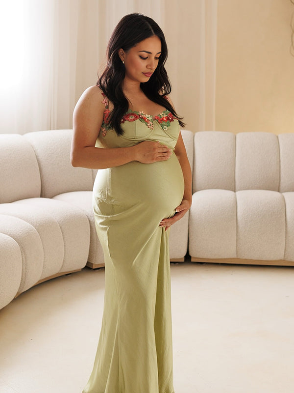 Mumsmode Zwangerchaps Maxi Fotoshoot Jurk Elegant Spaghetti Borduursel Vierkante Hals Groen