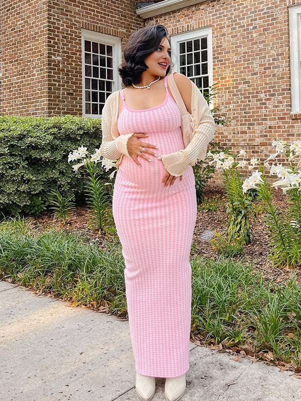 Mumsmode Zwangerchaps Maxi Sweater Jurk Schattig Plaid Spaghetti Breien Roze