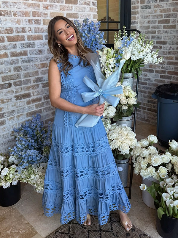 Mumsmode Zwangerchaps Maxi BabyShower Jurk Elegant Kanten Riem Ronde Hals Blauw