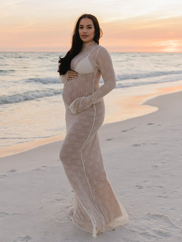 Mumsmode Zwangerchaps Maxi Fotoshoot Jurk Elegant Kanten Zeemeermin 2-in-1 Ronde Hals Wit