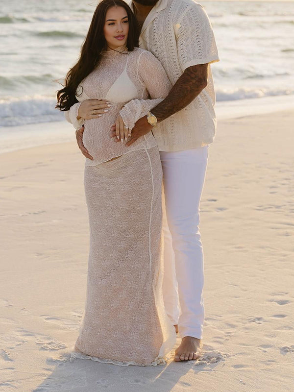 Mumsmode Zwangerchaps Maxi Fotoshoot Jurk Elegant Kanten Zeemeermin 2-in-1 Ronde Hals Wit