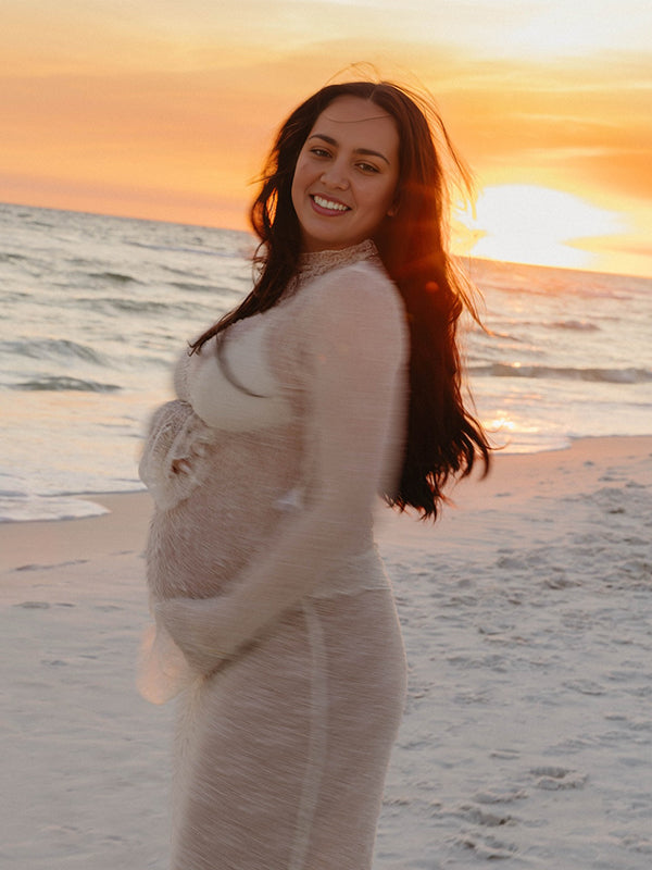 Mumsmode Zwangerchaps Maxi Fotoshoot Jurk Elegant Kanten Zeemeermin 2-in-1 Ronde Hals Wit