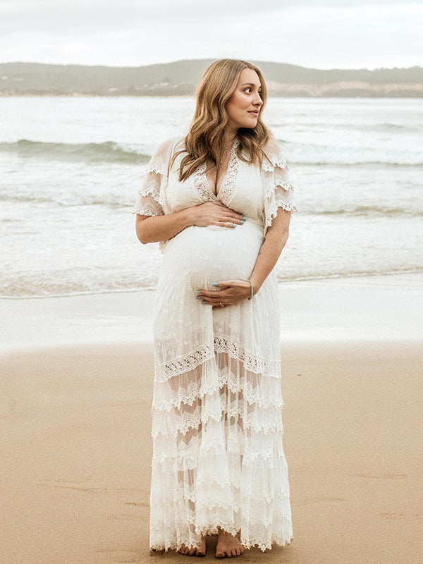 Mumsmode Zwangerchaps Maxi Fotoshoot Jurk Boheems Kanten Rugloos Kwasten V-hals Wit