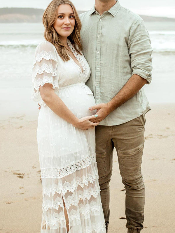 Mumsmode Zwangerchaps Maxi Fotoshoot Jurk Boheems Kanten Rugloos Kwasten V-hals Wit