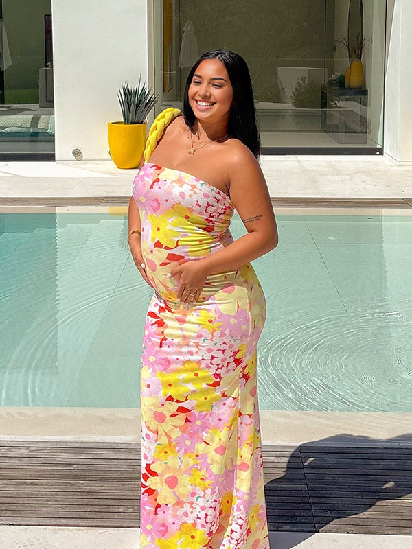 Mumsmode Zwangerchaps Maxi Bloemen Jurk Schattig Boot Nek Geel