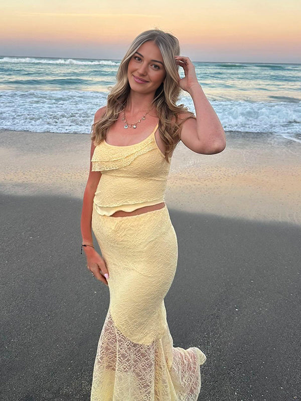Mumsmode Zwangerchaps Maxi Fotoshoot Jurk Elegant Spaghetti Kanten Ruches 2-in-1 Geel