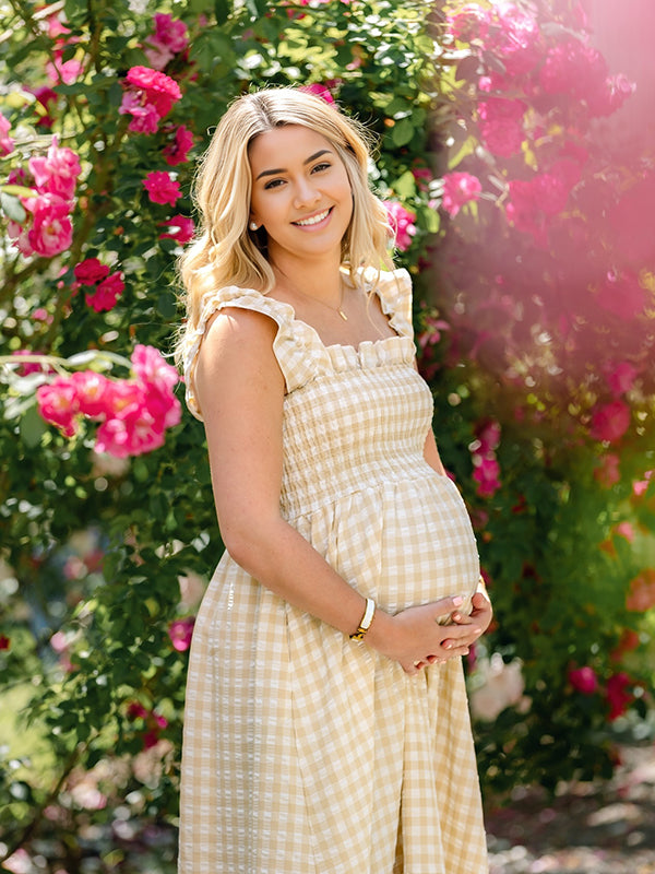 Mumsmode Zwangerchaps Maxi Fotoshoot Jurk Elegant Plaid Spaghetti Gekreukt Vierkante Hals Kaki