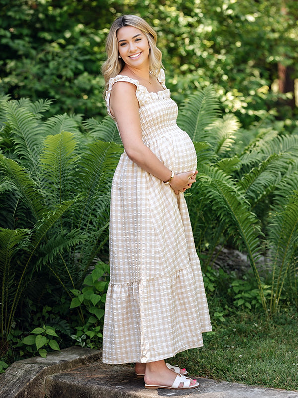 Mumsmode Zwangerchaps Maxi Fotoshoot Jurk Elegant Plaid Spaghetti Gekreukt Vierkante Hals Kaki