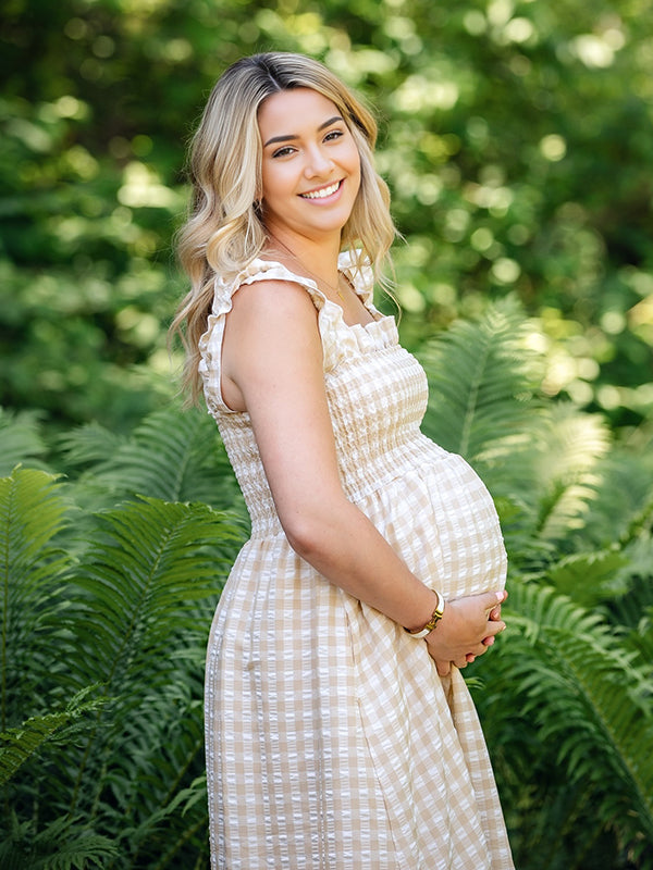Mumsmode Zwangerchaps Maxi Fotoshoot Jurk Elegant Plaid Spaghetti Gekreukt Vierkante Hals Kaki