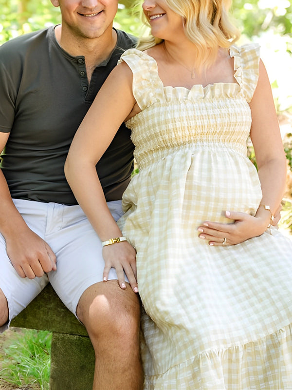 Mumsmode Zwangerchaps Maxi Fotoshoot Jurk Elegant Plaid Spaghetti Gekreukt Vierkante Hals Kaki