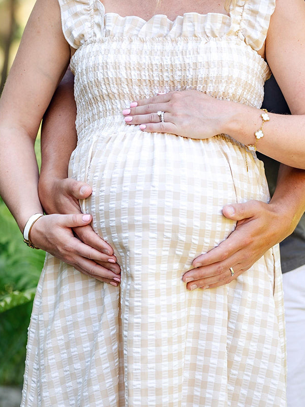 Mumsmode Zwangerchaps Maxi Fotoshoot Jurk Elegant Plaid Spaghetti Gekreukt Vierkante Hals Kaki