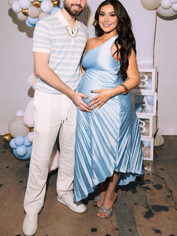 Mumsmode Zwangerchaps Maxi BabyShower Jurk Elegant Een Open Schouder Geplooid