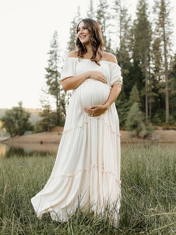 Mumsmode Zwangerchaps Maxi Fotoshoot Jurk Elegant Boot Nek Driekwart Mouw Wit