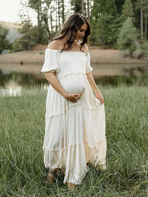 Mumsmode Zwangerchaps Maxi Fotoshoot Jurk Elegant Boot Nek Driekwart Mouw Wit