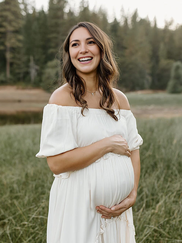 Mumsmode Zwangerchaps Maxi Fotoshoot Jurk Elegant Boot Nek Driekwart Mouw Wit