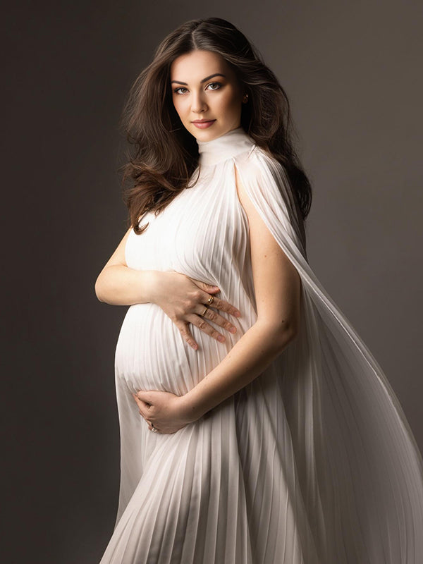 Mumsmode Zwangerchaps Maxi Fotoshoot Jurk Elegant Geplooid Wit