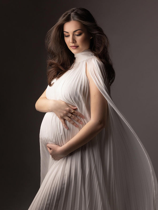 Mumsmode Zwangerchaps Maxi Fotoshoot Jurk Elegant Geplooid Wit