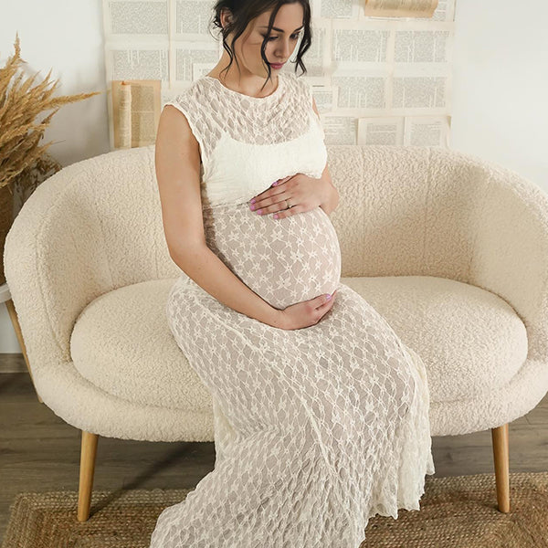 Mumsmode Zwangerchaps Maxi Fotoshoot Jurk Elegant Kanten Onregelmatig Ronde Hals Beige