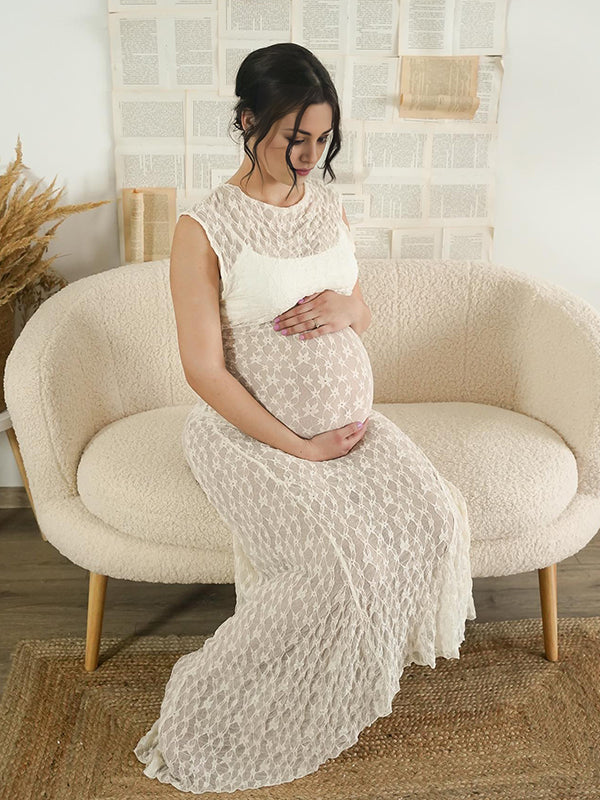 Mumsmode Zwangerchaps Maxi Fotoshoot Jurk Elegant Kanten Onregelmatig Ronde Hals Beige