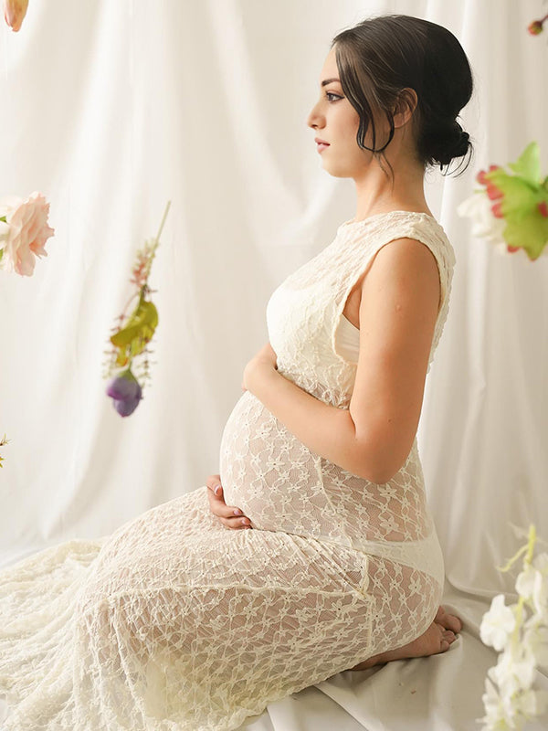 Mumsmode Zwangerchaps Maxi Fotoshoot Jurk Elegant Kanten Onregelmatig Ronde Hals Beige