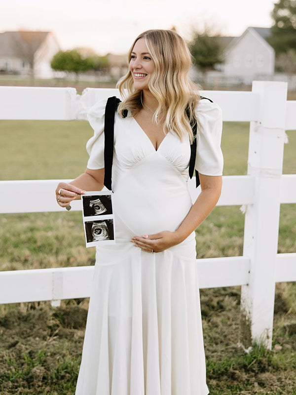 Mumsmode Zwangerchaps Maxi Fotoshoot Jurk Elegant Vlinderdas V-hals Pofmouw Wit
