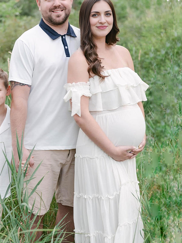 Mumsmode Zwangerchaps Maxi Fotoshoot Jurk Boheems Ruches Boot Nek Wit