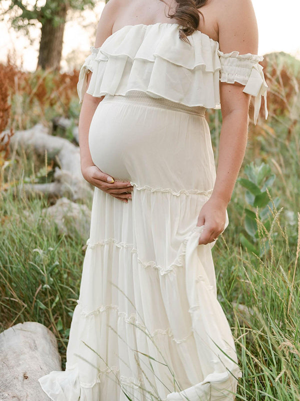 Mumsmode Zwangerchaps Maxi Fotoshoot Jurk Boheems Ruches Boot Nek Wit