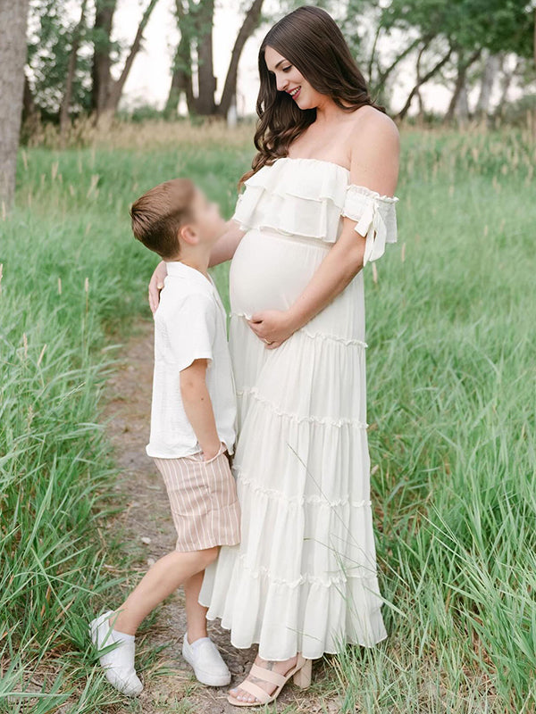 Mumsmode Zwangerchaps Maxi Fotoshoot Jurk Boheems Ruches Boot Nek Wit