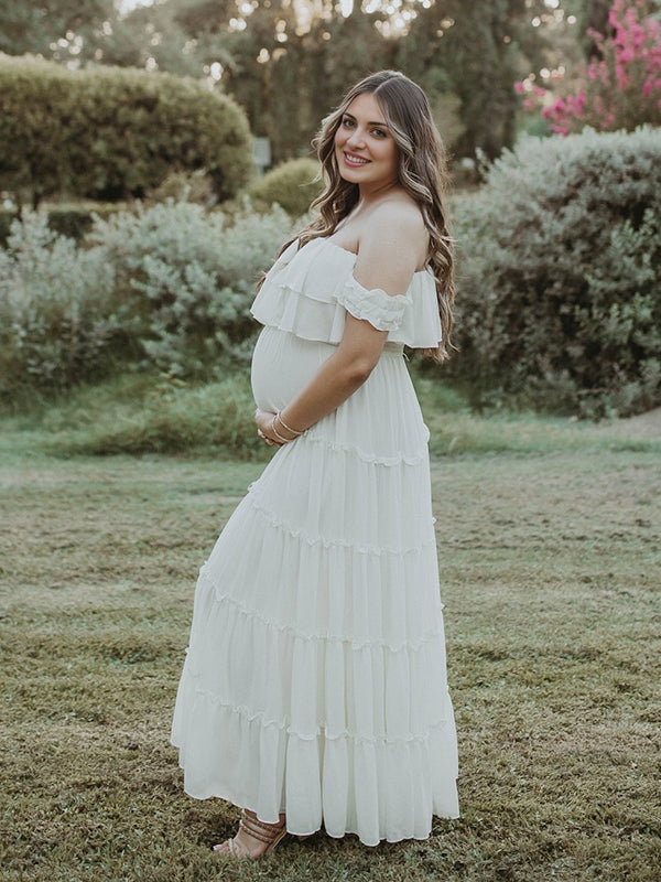 Mumsmode Zwangerchaps Maxi Fotoshoot Jurk Boheems Ruches Boot Nek Wit