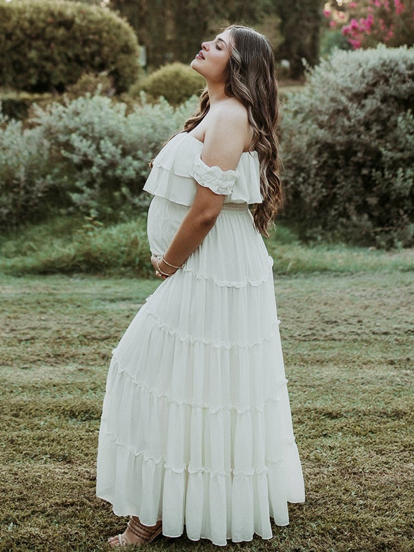 Mumsmode Zwangerchaps Maxi Fotoshoot Jurk Boheems Ruches Boot Nek Wit