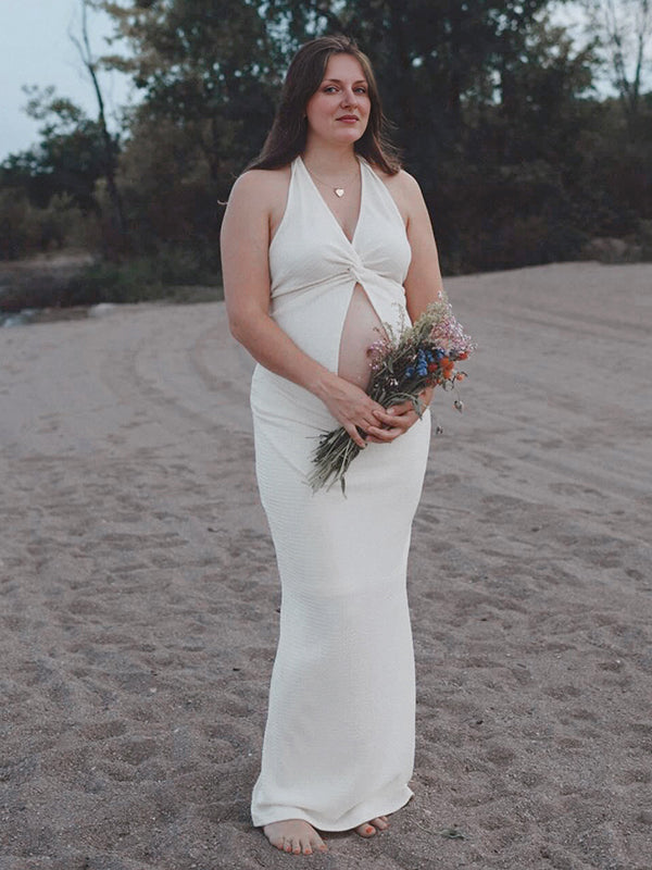Mumsmode Zwangerchaps Maxi Fotoshoot Jurk Elegant 2-in-1 Halternek Wit