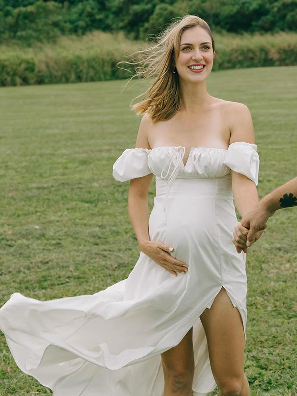 Mumsmode Zwangerchaps Maxi Fotoshoot Jurk Elegant Zijsplit Boot Nek Pofmouw Wit