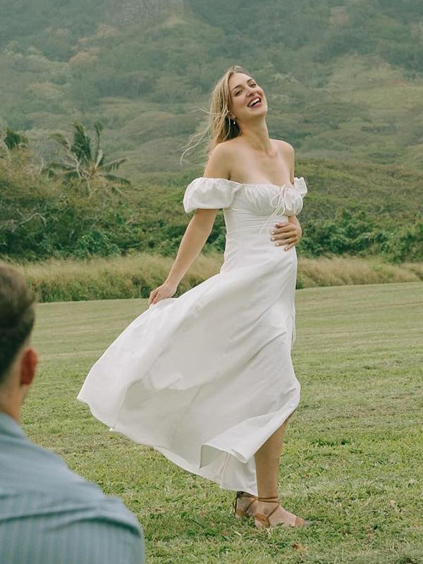 Mumsmode Zwangerchaps Maxi Fotoshoot Jurk Elegant Zijsplit Boot Nek Pofmouw Wit