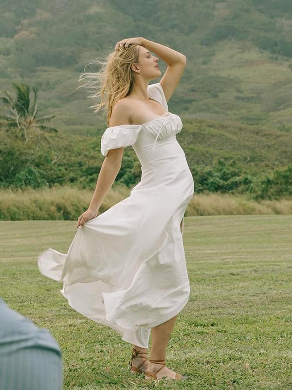 Mumsmode Zwangerchaps Maxi Fotoshoot Jurk Elegant Zijsplit Boot Nek Pofmouw Wit