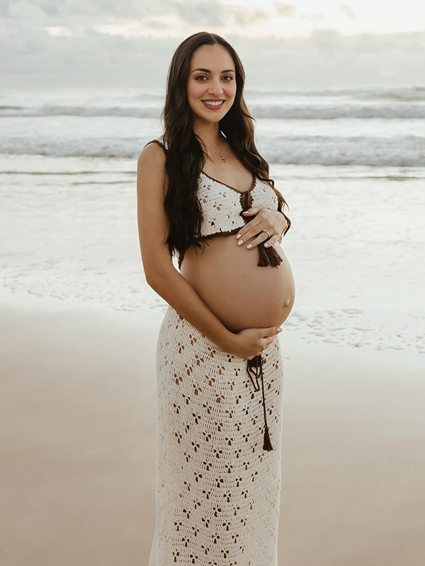 Mumsmode Zwangerchaps Maxi Fotoshoot Jurk Elegant Spaghetti Breien 2-in-1 V-hals Wit