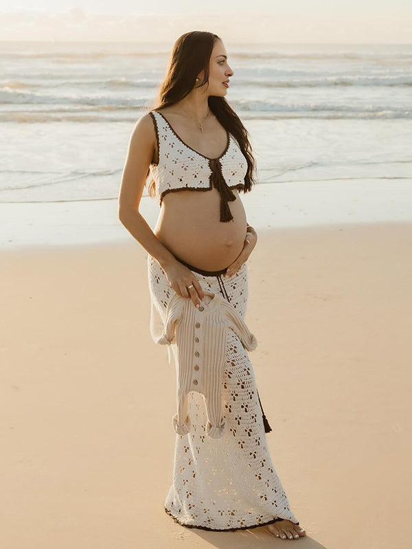 Mumsmode Zwangerchaps Maxi Fotoshoot Jurk Elegant Spaghetti Breien 2-in-1 V-hals Wit