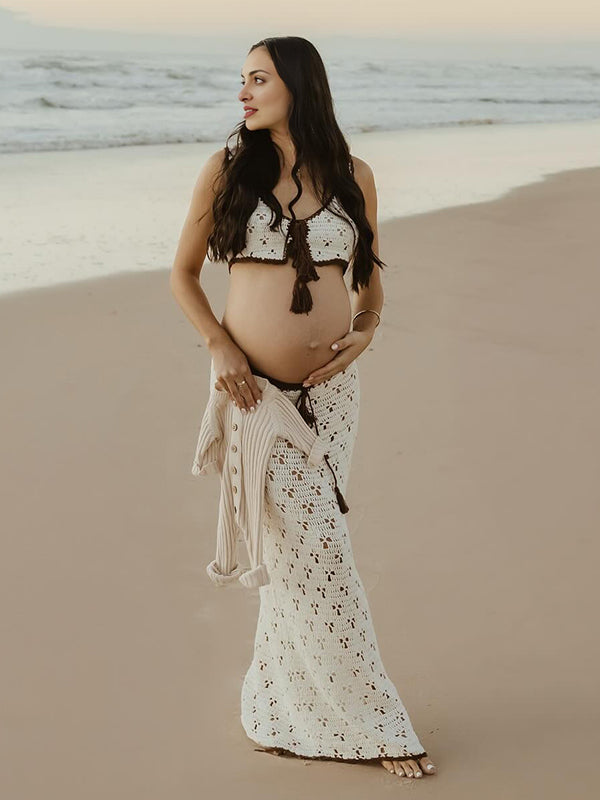 Mumsmode Zwangerchaps Maxi Fotoshoot Jurk Elegant Spaghetti Breien 2-in-1 V-hals Wit