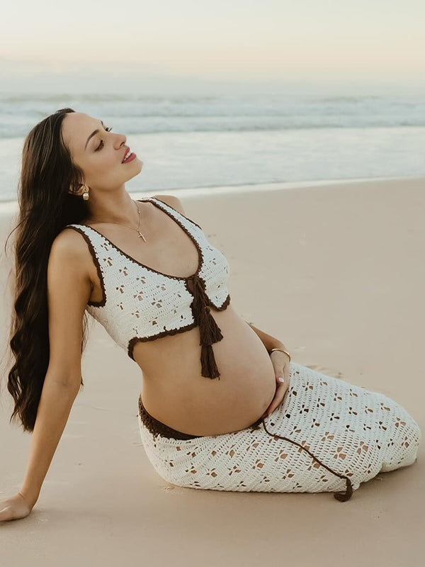 Mumsmode Zwangerchaps Maxi Fotoshoot Jurk Elegant Spaghetti Breien 2-in-1 V-hals Wit