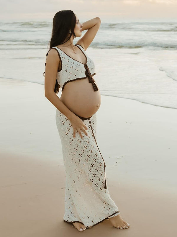 Mumsmode Zwangerchaps Maxi Fotoshoot Jurk Elegant Spaghetti Breien 2-in-1 V-hals Wit