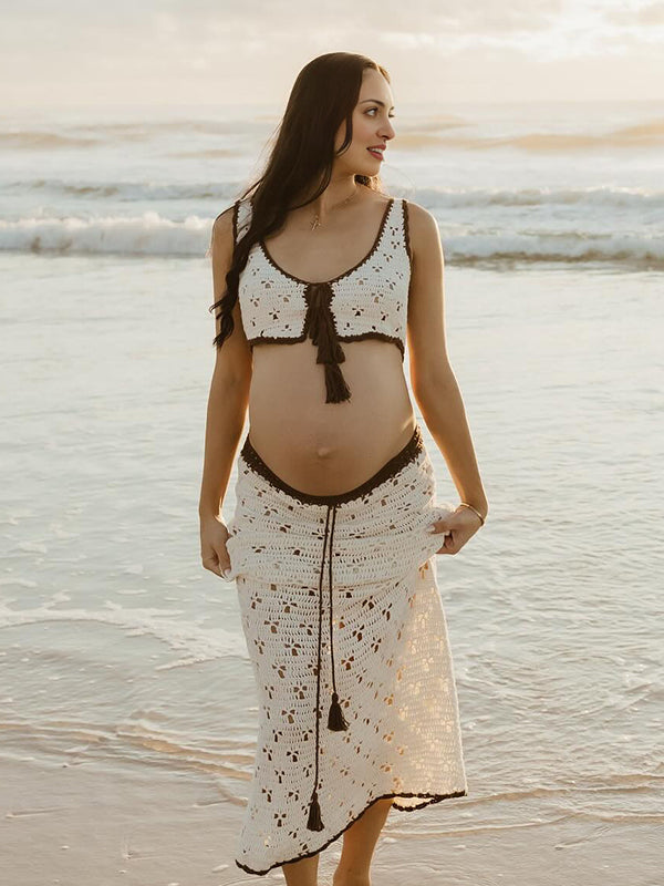 Mumsmode Zwangerchaps Maxi Fotoshoot Jurk Elegant Spaghetti Breien 2-in-1 V-hals Wit